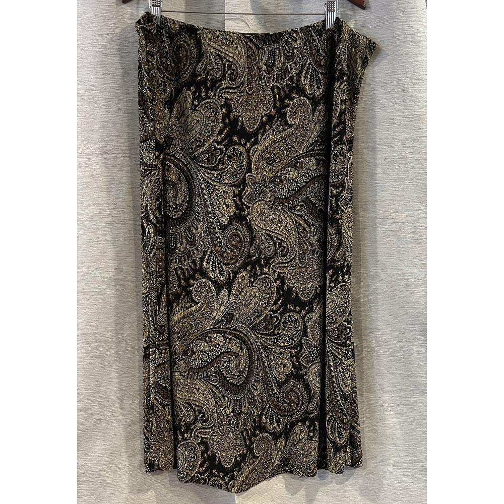Maggie Barnes Womens 2X Brown Gold Paisley Maxi Skirt BOHO Neutral Fall Timeless